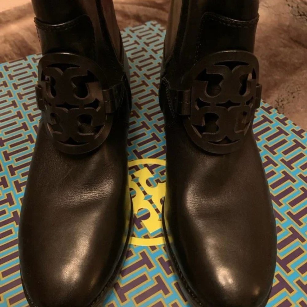 Black Leather Tory Burch Miller Pull-On Below The Knee Boots - Picture 5 of 10